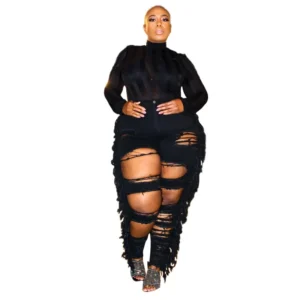 PlusxShe Ripped and Tasselled Jeans Plus Size Fashion